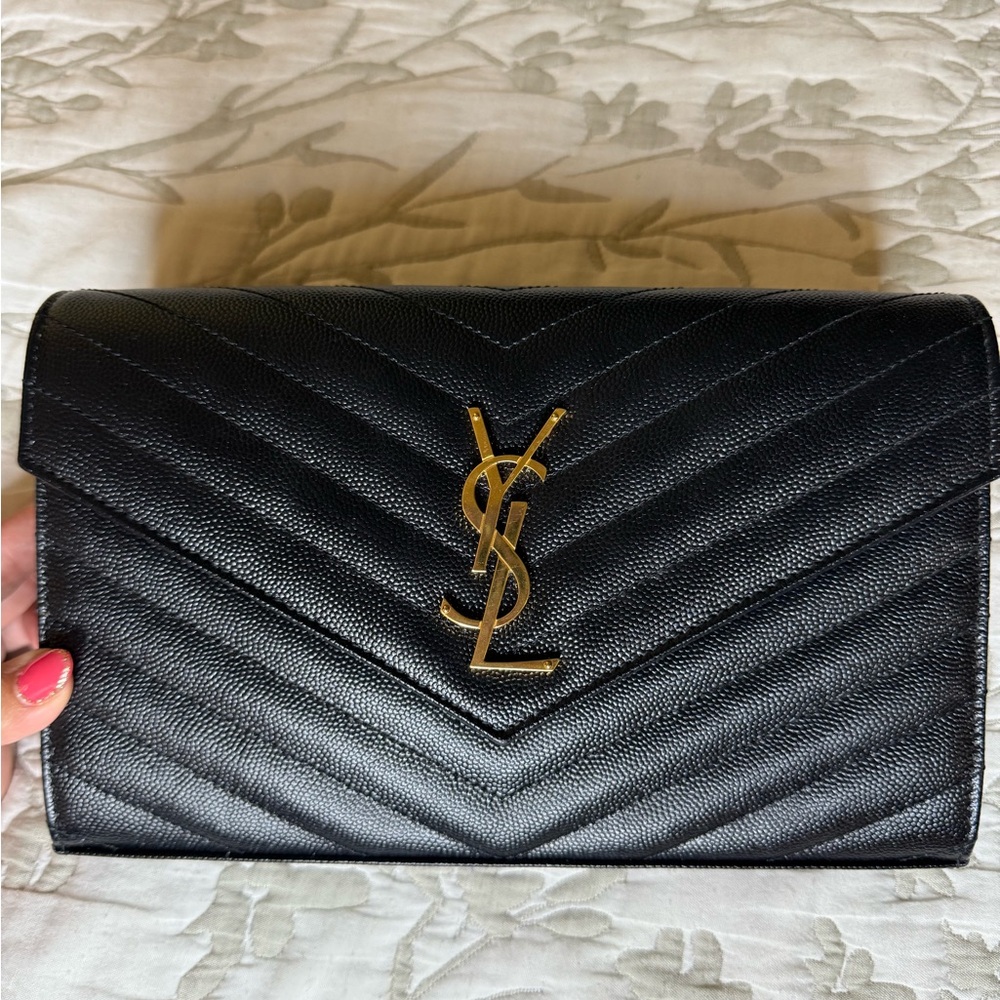 YSL Monogram Large Wallet on Chain in Grained Leather